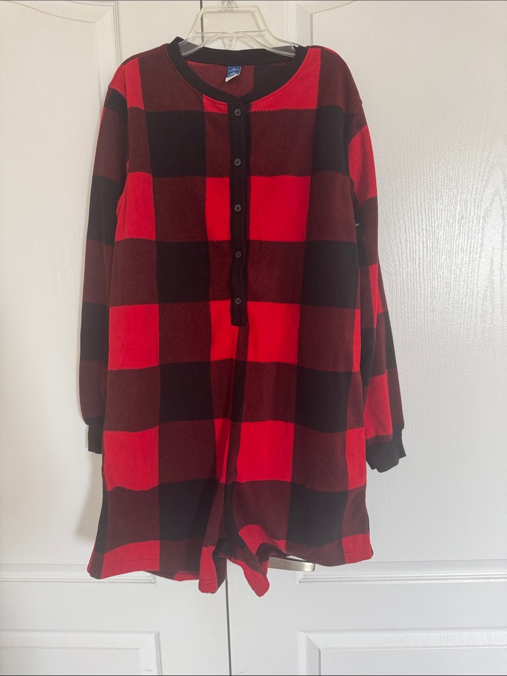 Old Navy Red and Black Buffalo Plaid Kids Pajama Romper-small stain